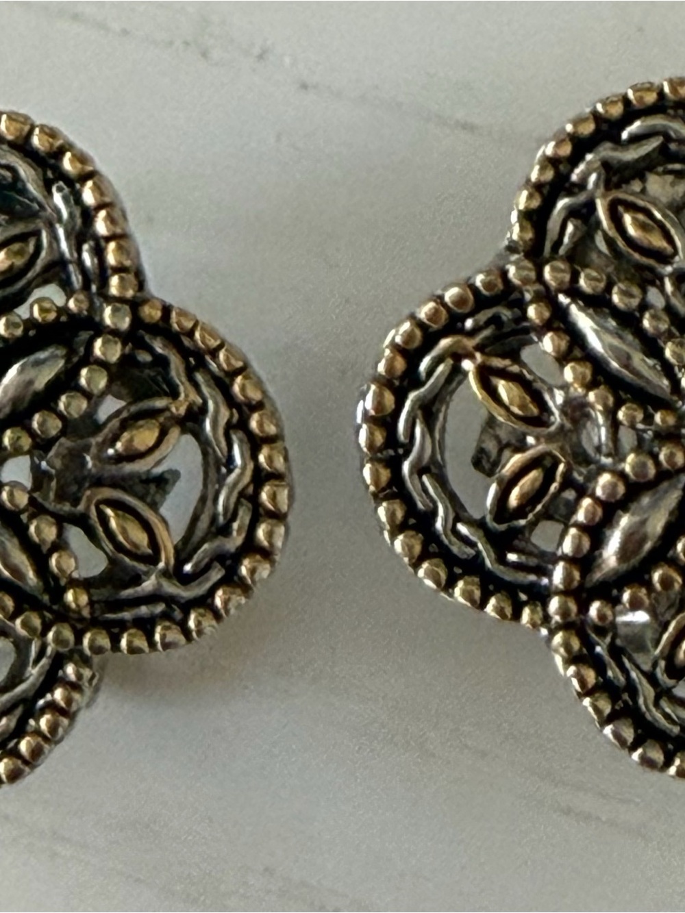 Silver and Gold-Tone Floral Filigree Leverback Earrings